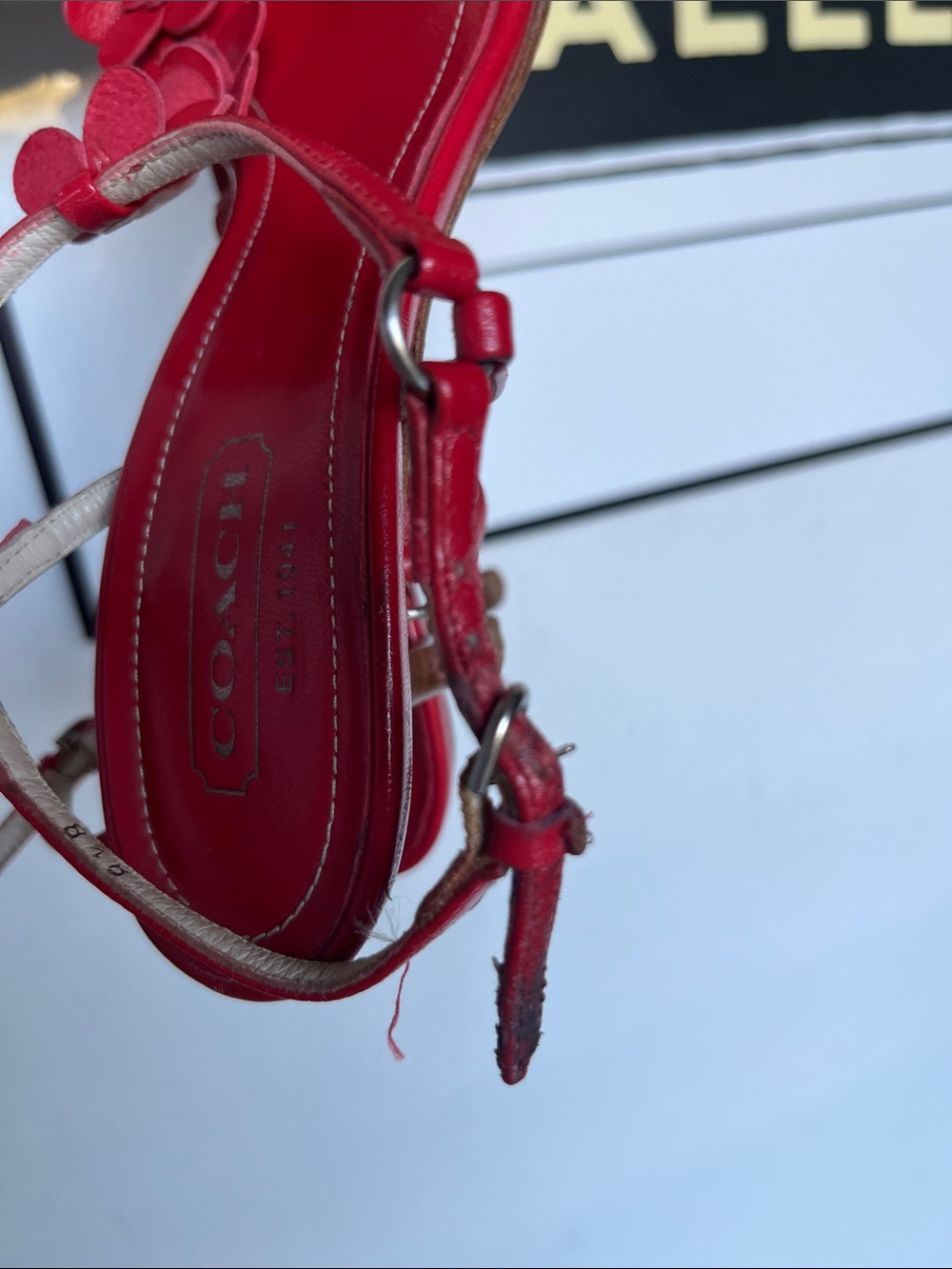 COACH Red Floral Appliqué T-Strap Sandals - Picture 5 of 7